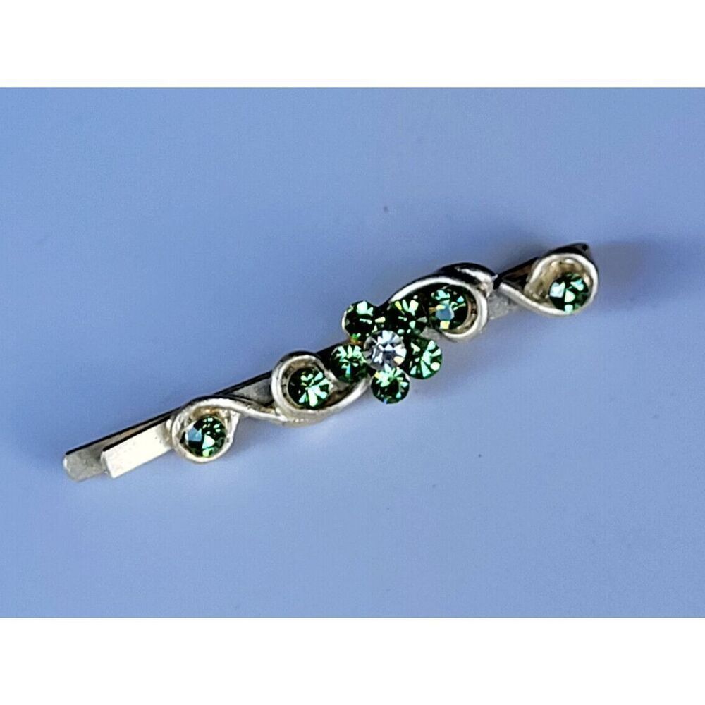 Fairy Green Rhinestone Bobby Pin Champagne Gold 1.5 in